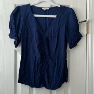 Size Small Navy Functional Button Down Blouse with Puff Sleeves